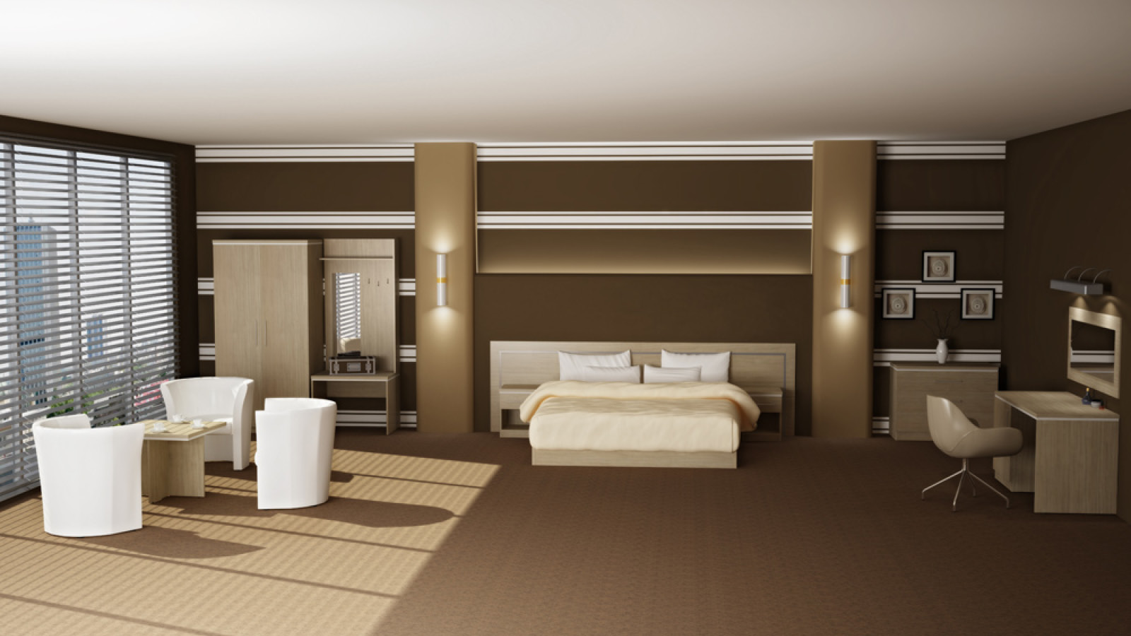 Pokój hotelowy w łączonych akcentach brązu i bieli. Na wyposażeniu: duże łóżko z panelem, stół w otoczeniu foteli, garderoba.